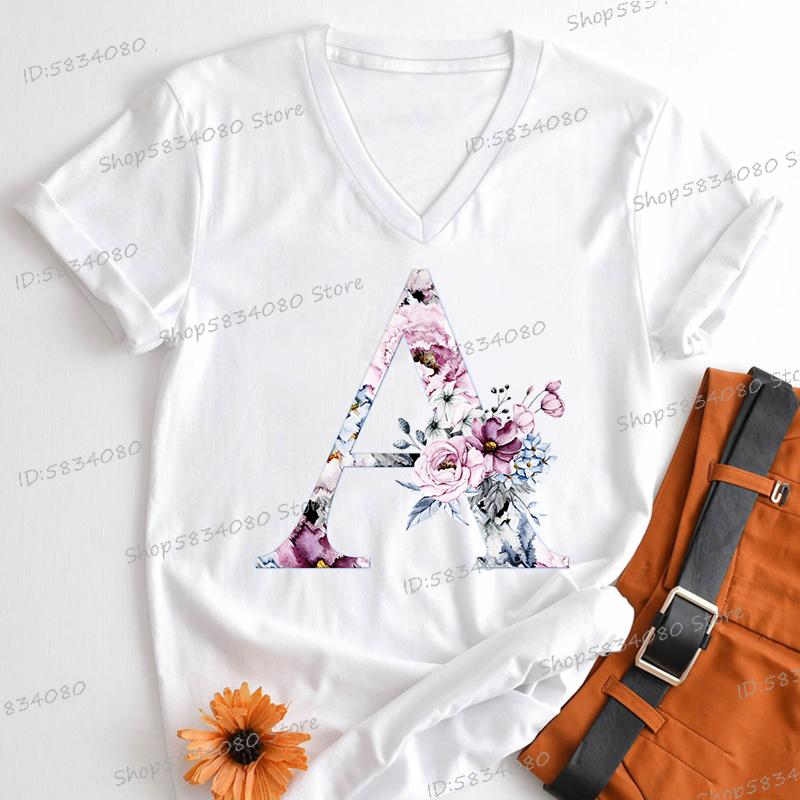 Watercolor Letter C Print Women Vneck Tshirts 26 Initials Flower Retro Classic Tops Alphabet Floral Womens Birthday Gift Tees