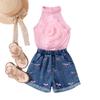 Children's Fashion Set: Summer Girls' Pink Floral Tank Top + Vintage-Style Jeans Two-Piece Set