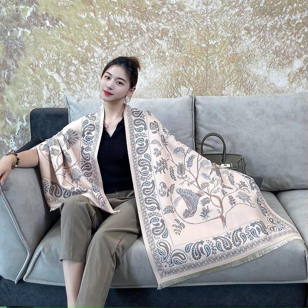 Shawl Bluebird Pattern Ethnic Style Cashew Flower Air Conditioned Room Nap Blanket Winter Warm Scarf for Women