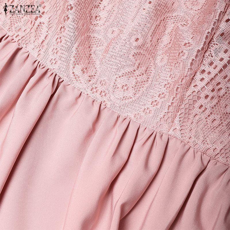 ZANZEA Women Lace Patchwork Casual Round Neck Short Sleeve Dress