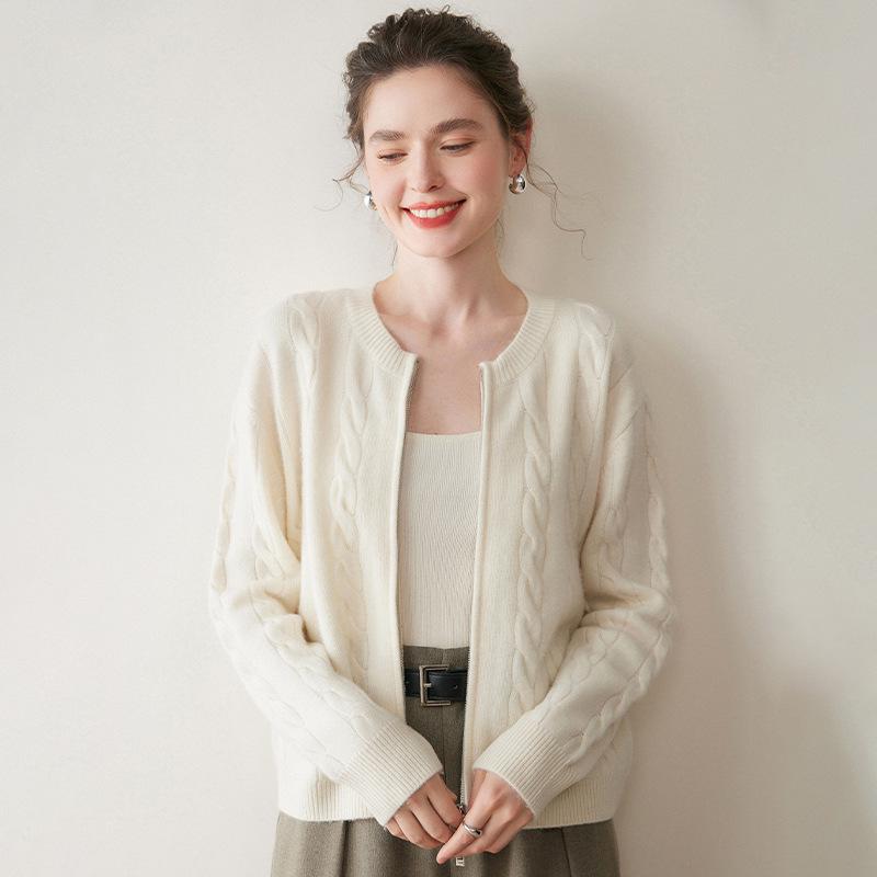 Women's Thick Cable Knit Cashmere Cardigan - Round Neck Zipper Sweater for Autumn/Winter