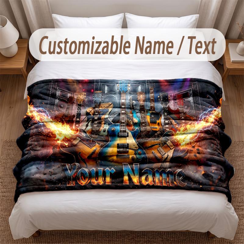 Music Guitar Theme Soft Blanket Personalized Custom Name Text Print Warm Blanket Home Sofa Bedroom Decor