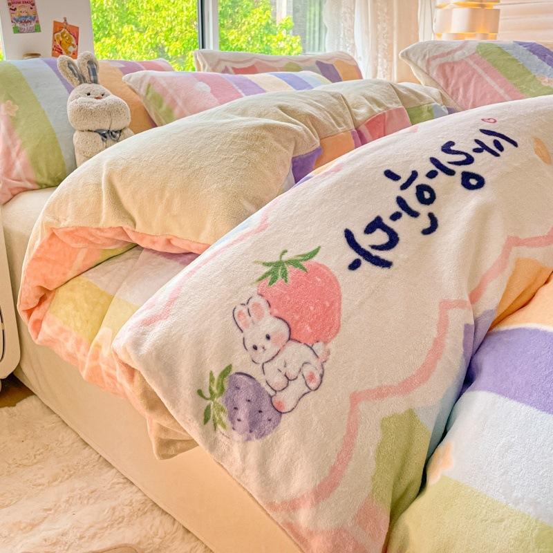 Thickened Milk Fleece Bed Four-Piece Set Warm Student Dormitory Quilt Cover Flannel Three-Piece Set