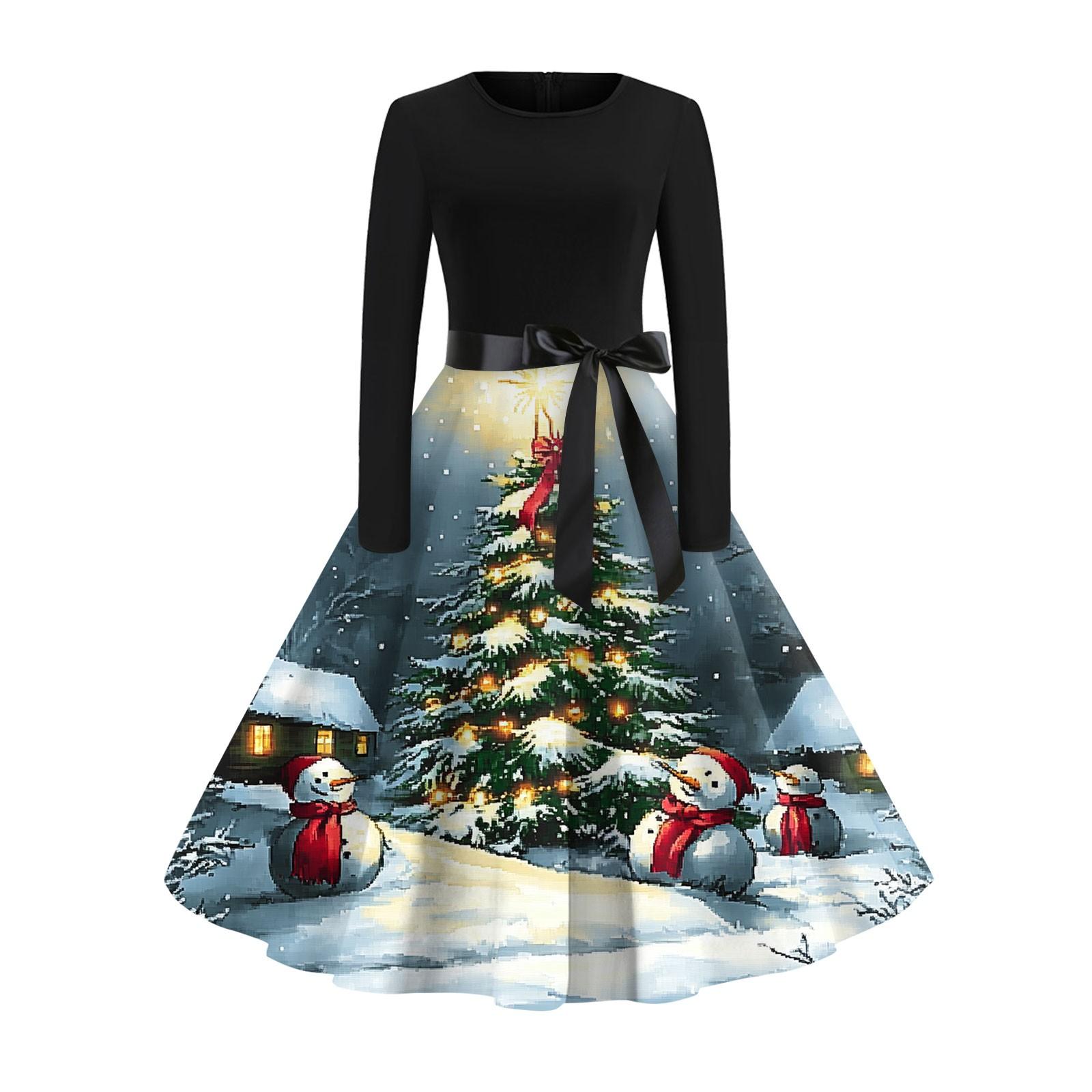 

Рождественский принт расклешенное платье для женщин платье с длинным рукавом полые вечерние повседневные платья XL
