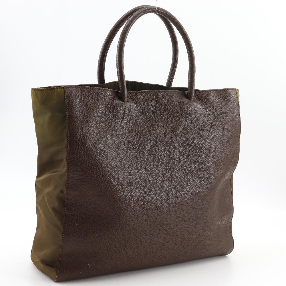 Prada Logo Embossing Handbag Tote Bag Brown Calfskin/Nylon Unisex Used