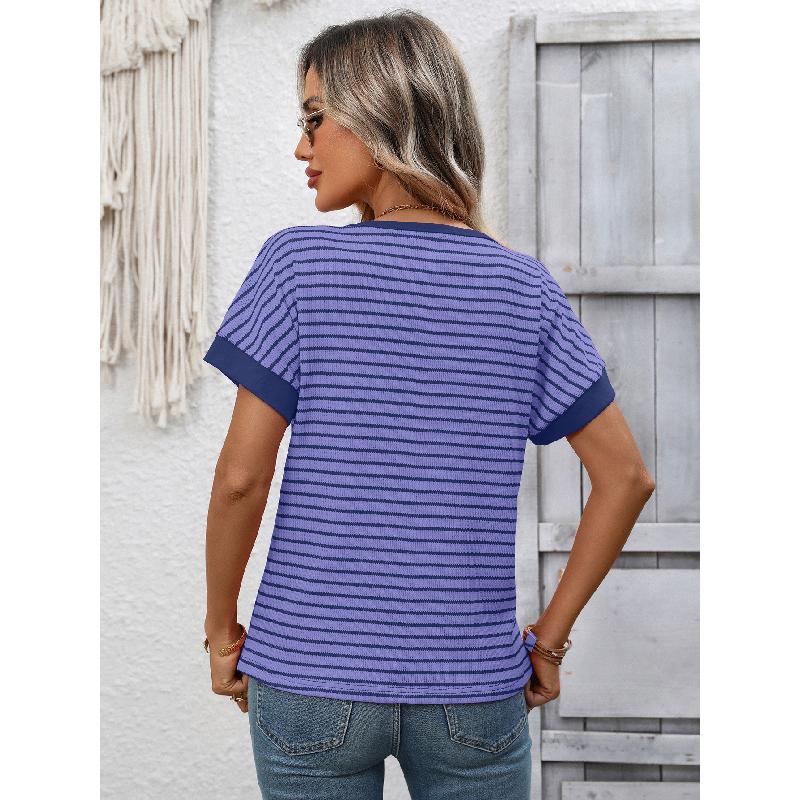2026 Summer New Women's Casual Round Neck Patchwork Short Sleeve Striped T-Shirt