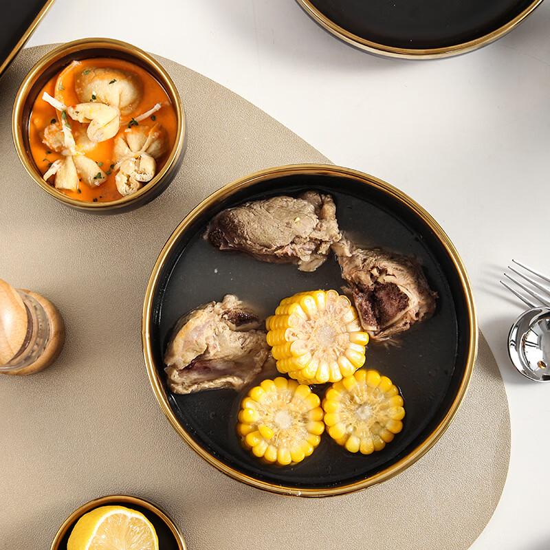Light Luxury Gold Rim Matte Black Ceramic Dinner Plate