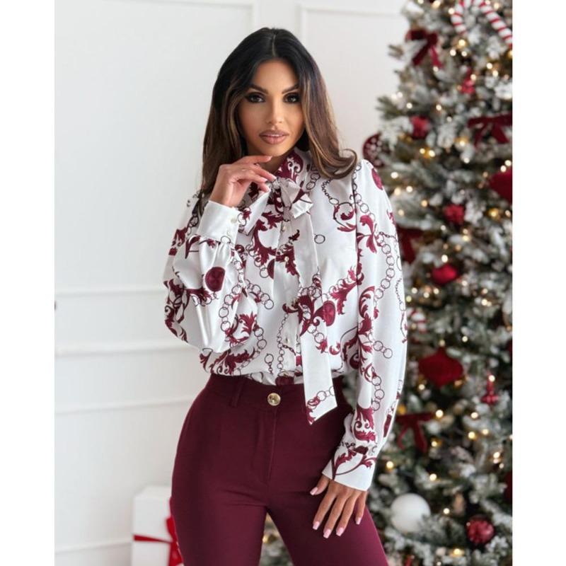 Camisa de manga larga con lazo y estampado sencillo de primavera para mujer