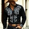 Retro floral 3D printed men's shirt, Western denim button up long sleeved shirt, men's lapel casual fashion shirt, plus size