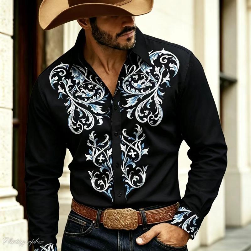 Retro floral 3D printed men's shirt, Western denim button up long sleeved shirt, men's lapel casual fashion shirt, plus size