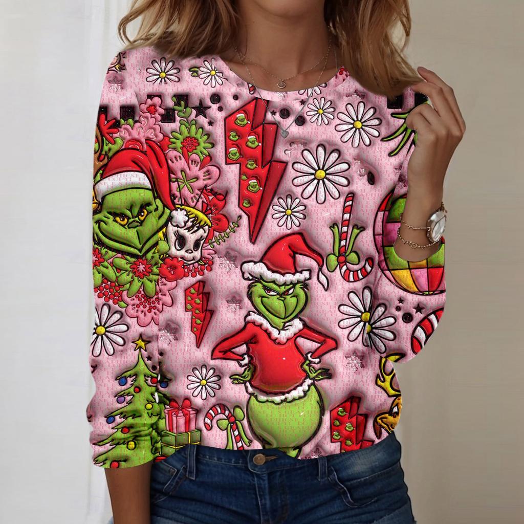 Damenmode, lässig, langärmelig, bedruckt, Rundhalsausschnitt, Pullover, Top, Bluse