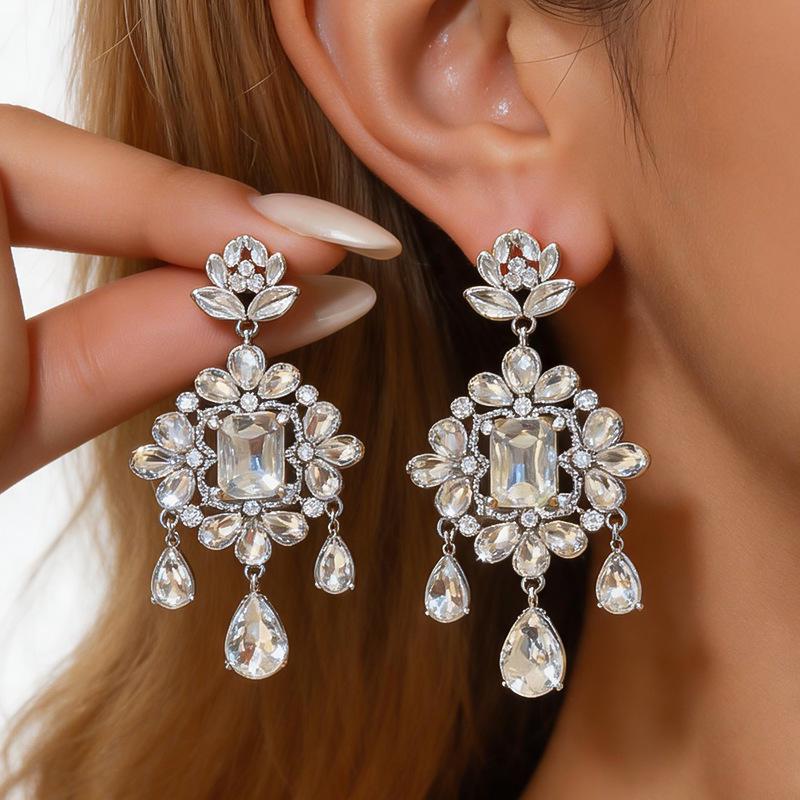 Silver Needle Rhinestone Flower Water Drop Tassel Earrings - Light Luxury High-End Court Style for Women.