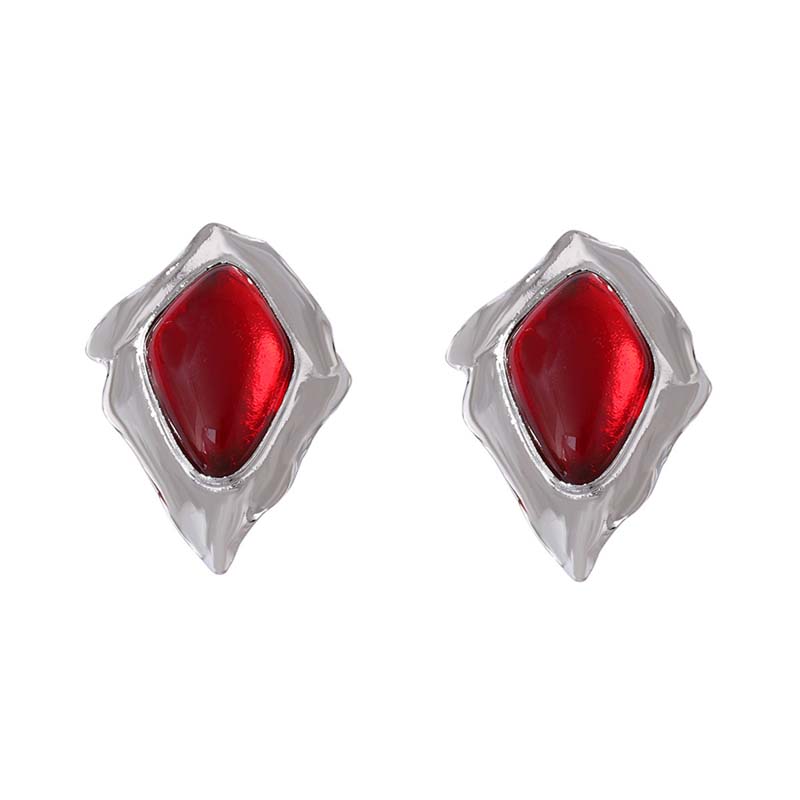 

Vintage Red Resin Pleated Stud Earrings For Women Punk Metal Irregular Geometric Leaf Shaped Earrings Party Zircon Gift
