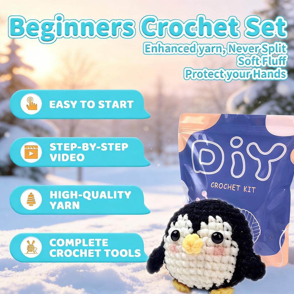 1PC Penguin Crochet Kit DIY Amigurumi Penguin Hook Set with Instruction Manual And Video Tutorial Color May Vary