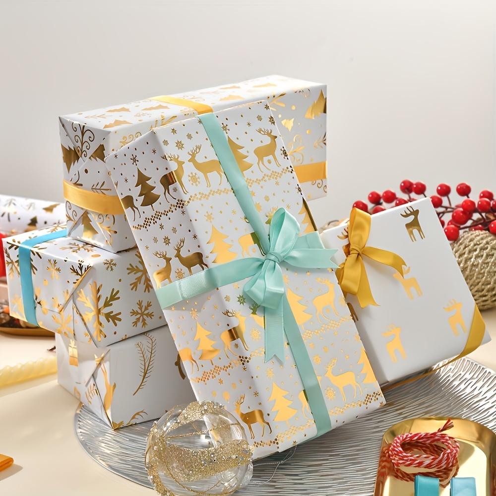 6pcs Elegant Christmas Gift Wrapping Paper with Golden Reindeer&Tree Design- Sparkling Foil Accents,Perfect for Holiday Presents