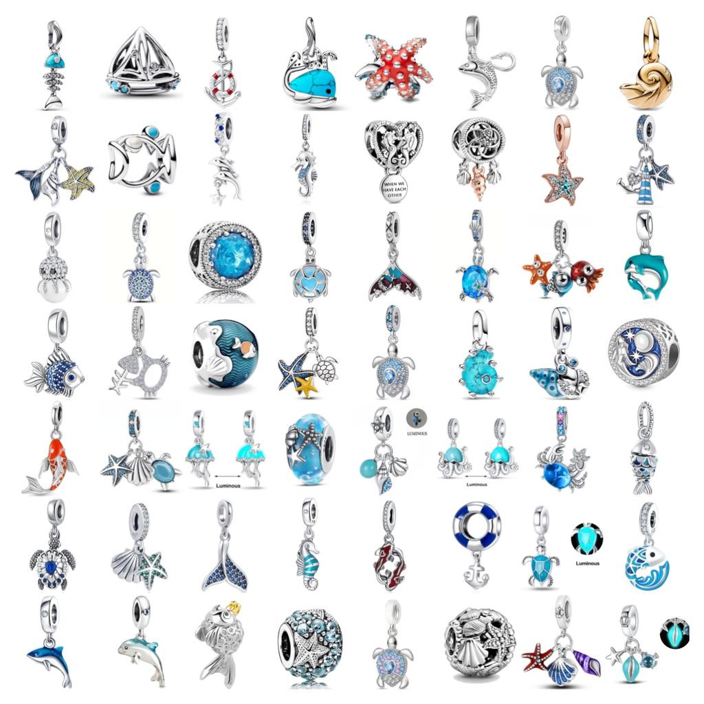 Série Océan Bleu Perles à Charme Tortue de Mer Étoile de Mer Coquillage Compatible Bracelet à Charme Original Bijoux Accessoires pour Femmes