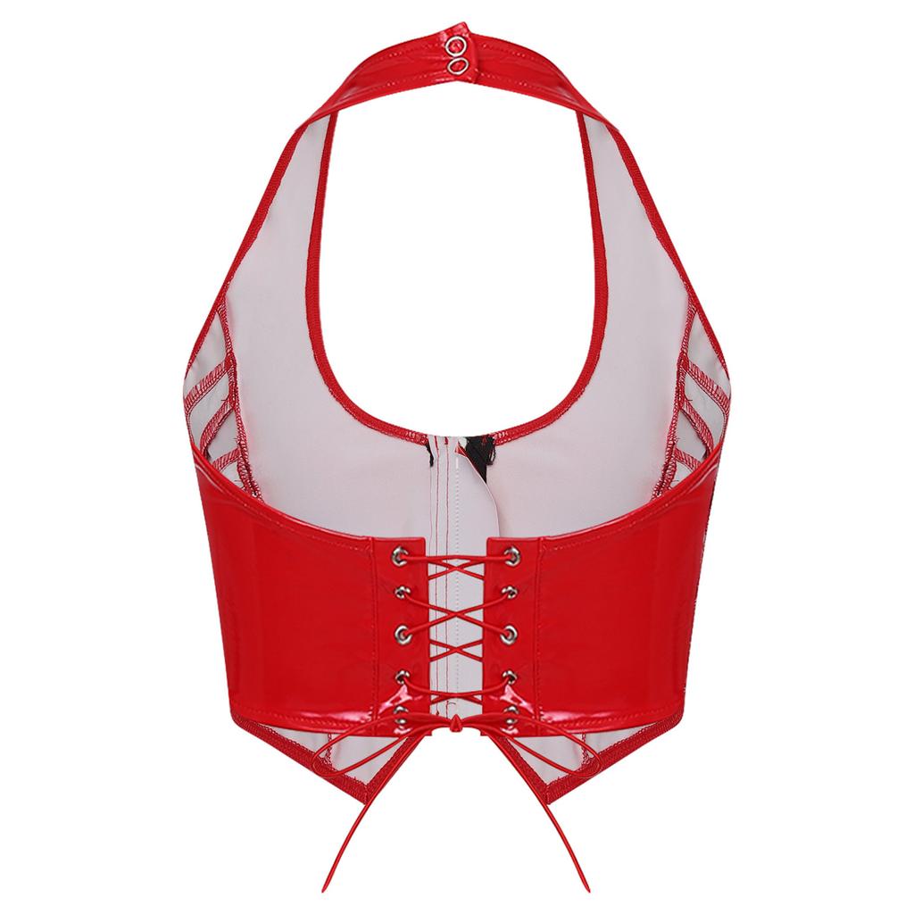 Ladies Y2k Glossy PU Mini Corset Top Halter Neck V Cut Front Zip Back Lace Up Sleeveless Crop Vest for Nightclub Party