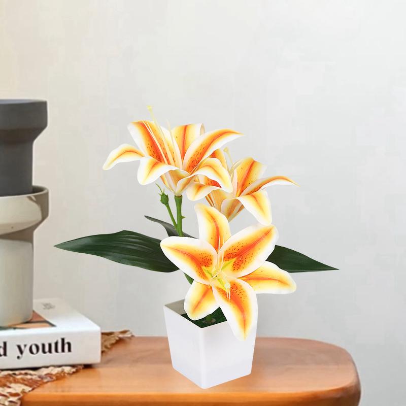 Artificial Lily Potted Bonsai Fake Lily with Leaf Potted Plant Wedding Flower Arrangement Props Home Decoration Party Decor