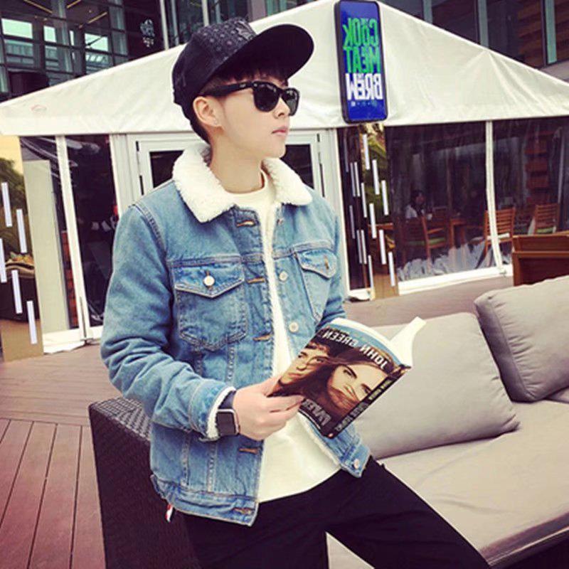 

Мужская модная джинсовая куртка из овечьей шерсти - зимняя, свободного кроя, плотный хлопок, гонконгский стиль для подростков и пар XXXL светло-синий