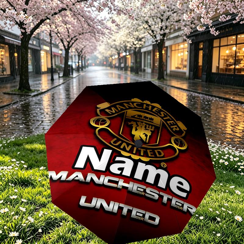 Custom Name Personalized Manchester Football F.C Print Umbrella, Auto Open Close, 8‑Rib Sturdy Frame, Commute Camping Hiking Use, Birthday Gift