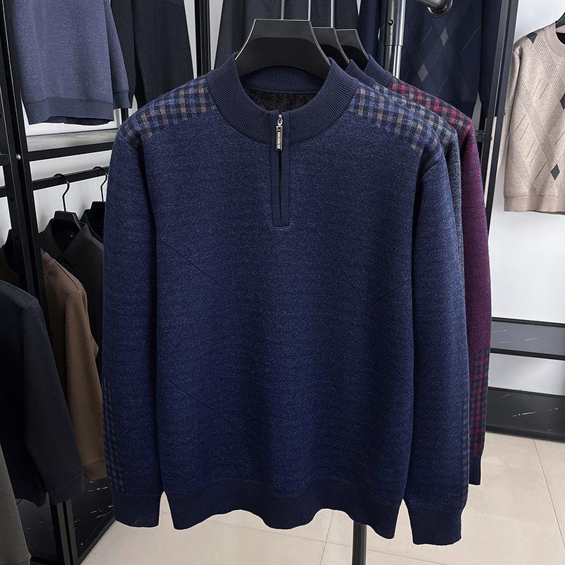 Men's Red Year of the Rat Warm Knit Sweater, Half-High Collar, Dad Style, Winter Wear for Middle-Aged & Elderly.