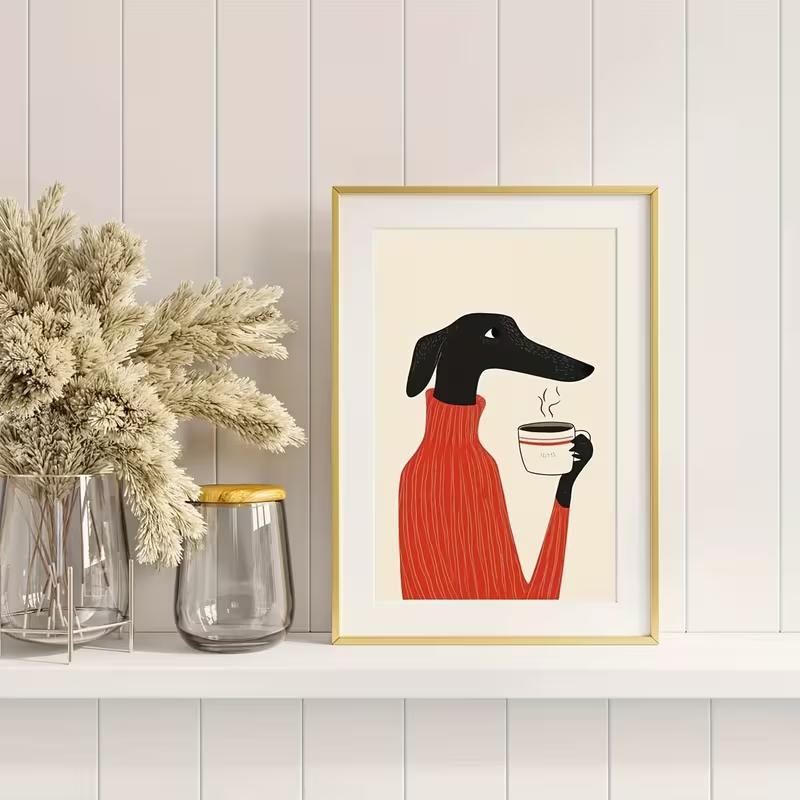 Whimsical Greyhound Dog Drinking Coffee Wall Art Print - Modern Minimalist Canvas Poster, Frameless, Ideal for Living Room,