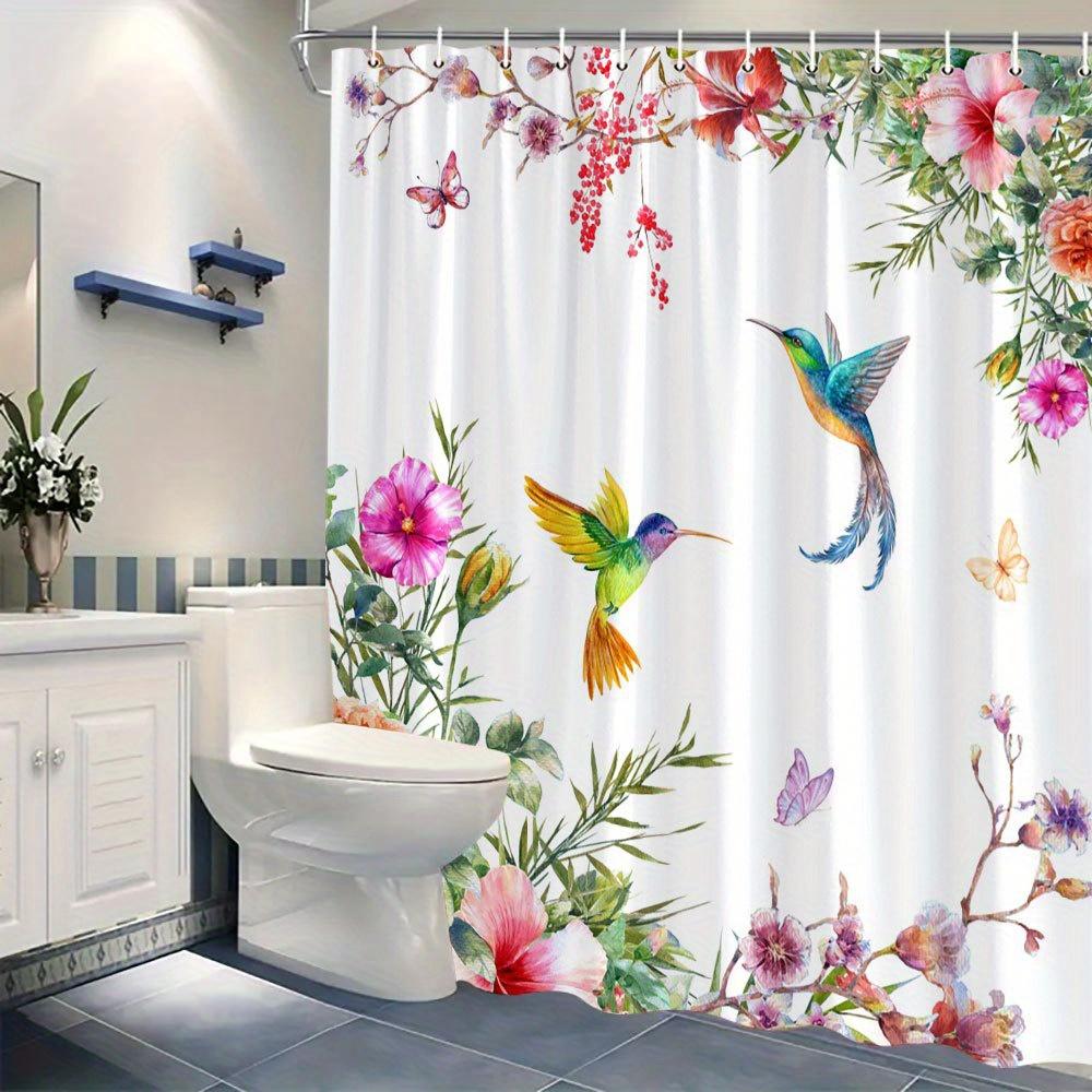 1pc Shower Curtain Featuring Colorful Hummingbirds and Hibiscus Flowers in a Serene Nature-Inspired Watercolor Design