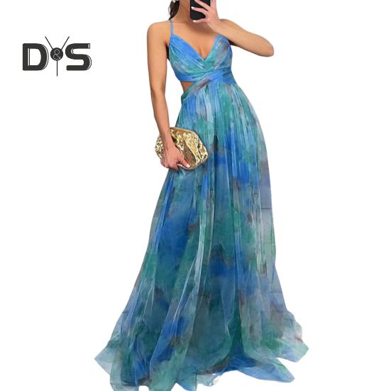 Damen Spaghettiträger Maxikleid Blumen Boho Tiefer V-Ausschnitt Aushöhlen Mesh Plisseekleid Sommer Strand Party Swing Langes Kleid