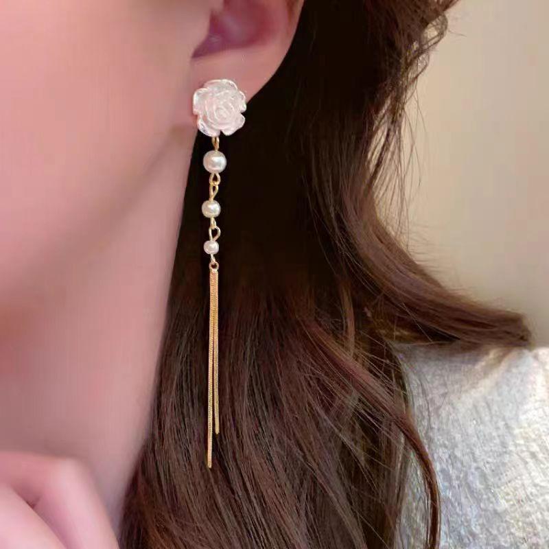 Elegant French Vintage Camellia Pearl Fringe Long Dangle Earrings Delicate Forest Jewelry