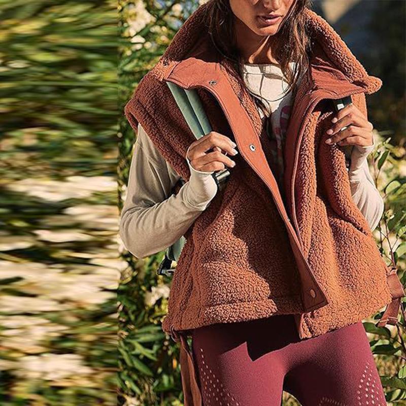 Fall and Winter Women's Faux Wool Vest Casual Sleeveless Jacket Oversized Buckle Vest Coat with Pockets