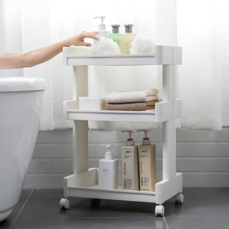 Wheeled Bathroom Shelf: Multi-Layer Floor-Standing Rack for Toiletries, Snacks, and Drinks Storage Cart.