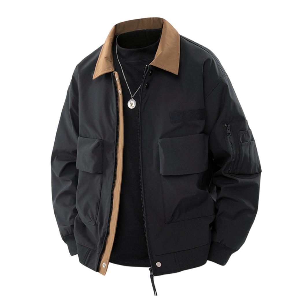 Herren Casual Retro Color-blocking Fliegerjacke, Herren Langarm Revers Mehrere Taschen Arbeitsjacke