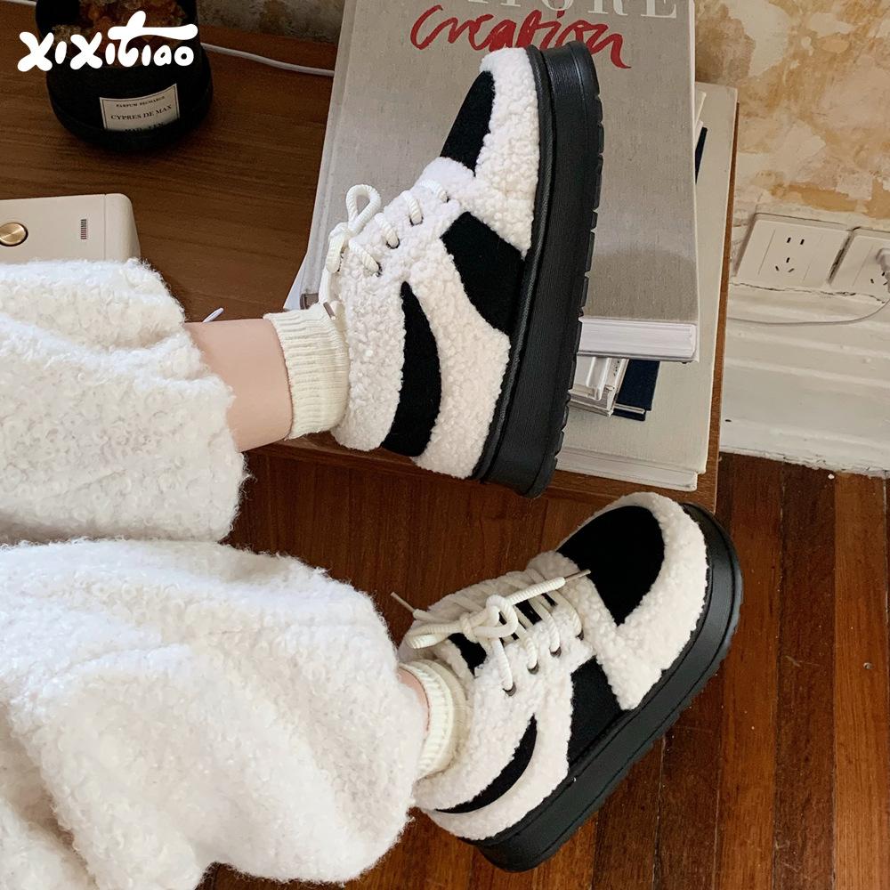 Winter Mode Vielseitig Baumwollschuhe Damen Bequem Warm Rutschfest Retro Damenschuhe Samt Farbblockierte Sneaker
