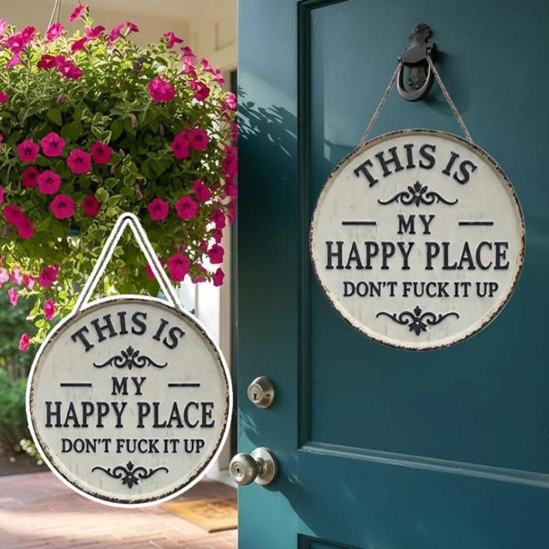2D Flat Rustic Metal Garden Sign Happy Place Wall Art Decorative Outdoor Yard Plaque for House Porch