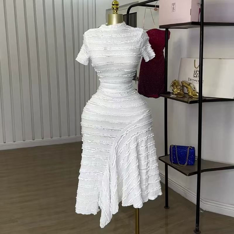 

Western Style Half-high Collar Short sleeve High Waist Dress Half High Neck Short Sleeve Dress White XL