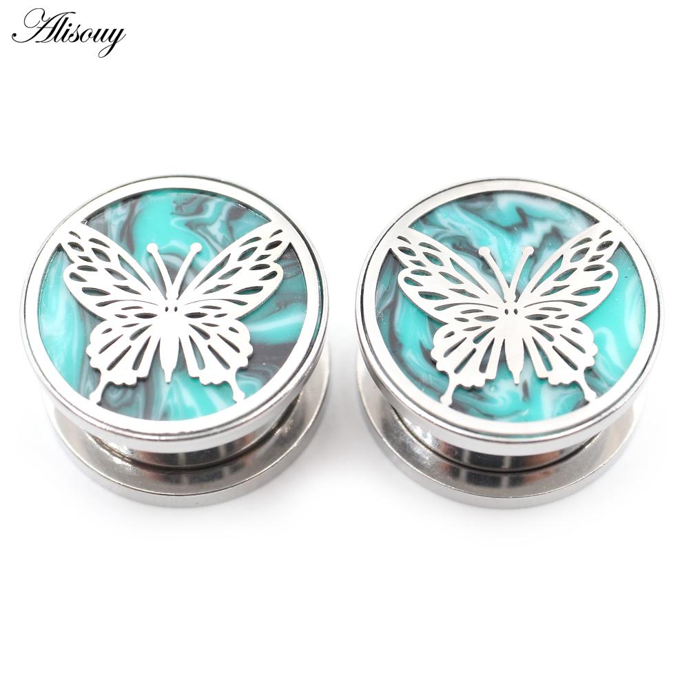 Alisouy 2 SZT. Stal Nierdzewna Motyl Zielony Kamień Tunele do Uszu Plugi Ekspander Rozpychacz Kolczyki Piercing Biżuteria do Ciała