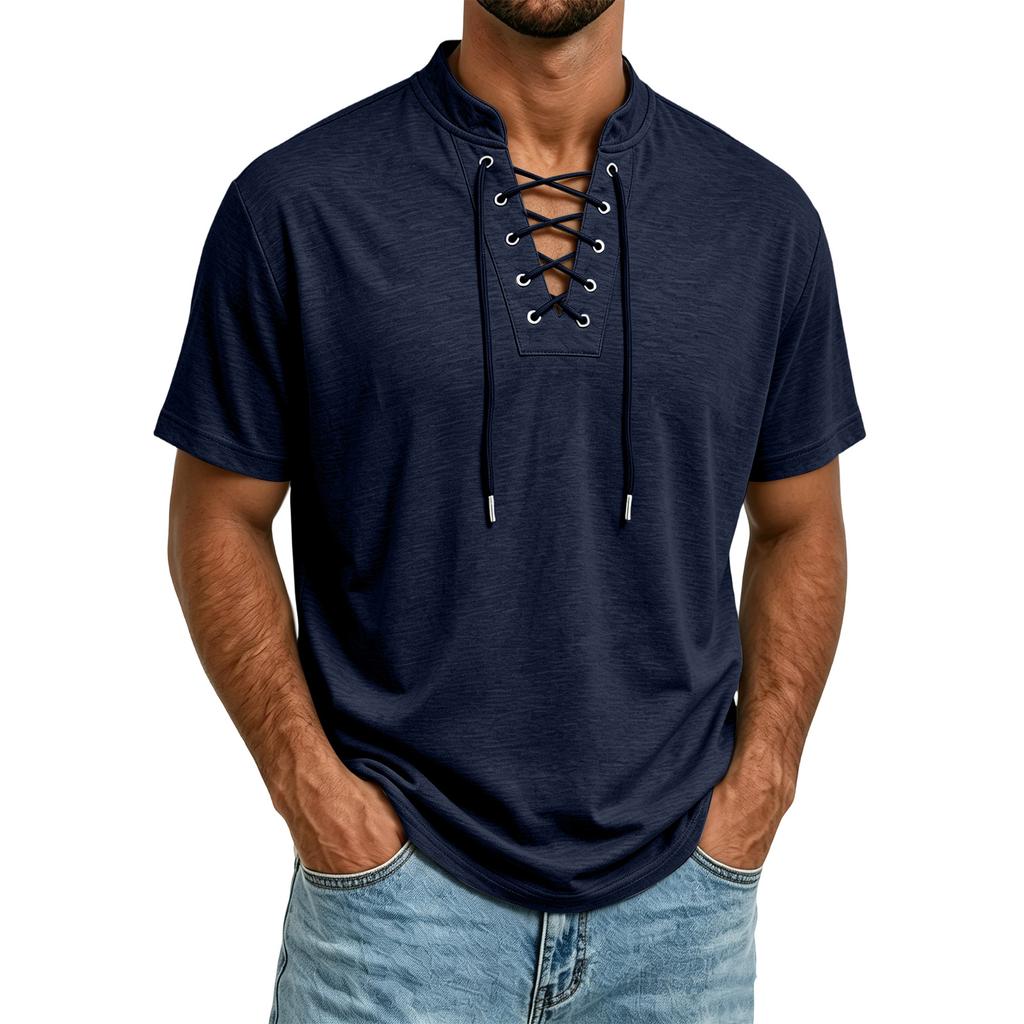 T-shirt décontracté à manches courtes pour homme Tissu léger et respirant Col à cordon de serrage Haut d'été