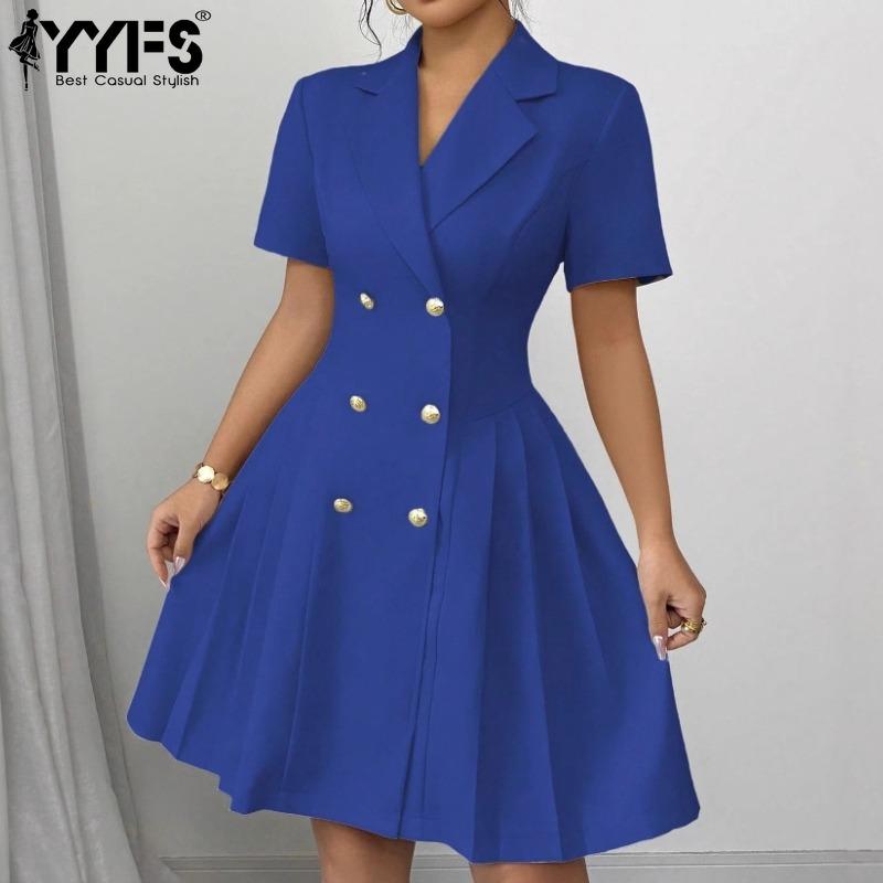 YYFS Women's Fashion Summer Spring Solid Color Print Short Sleeve POLO Neck High Waist  Casual Dresses