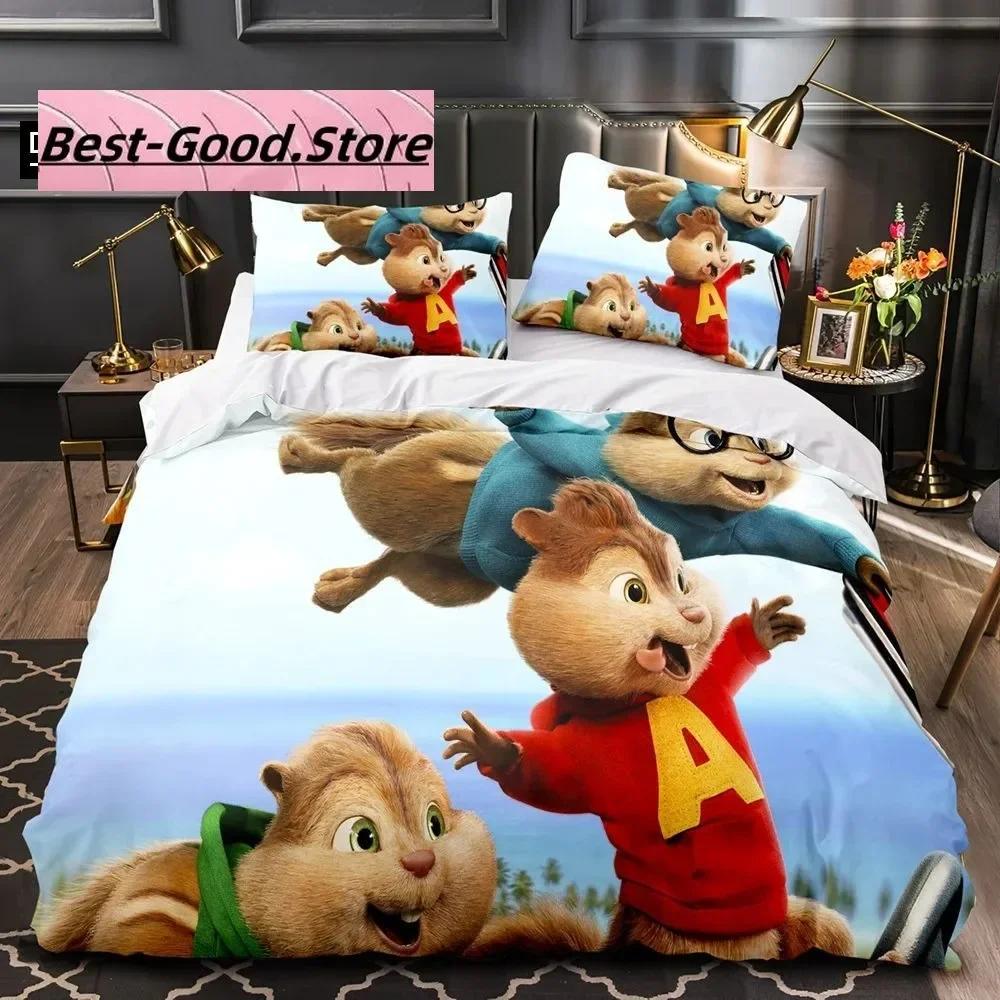 3D Kreslený C-Chipmunk A-Alvin Ložní Sada Tištěná Ložní Sada s Povlakem na Polštář Přikrývka na Postel Jednolůžko Dvoulůžko Queen Super King Size