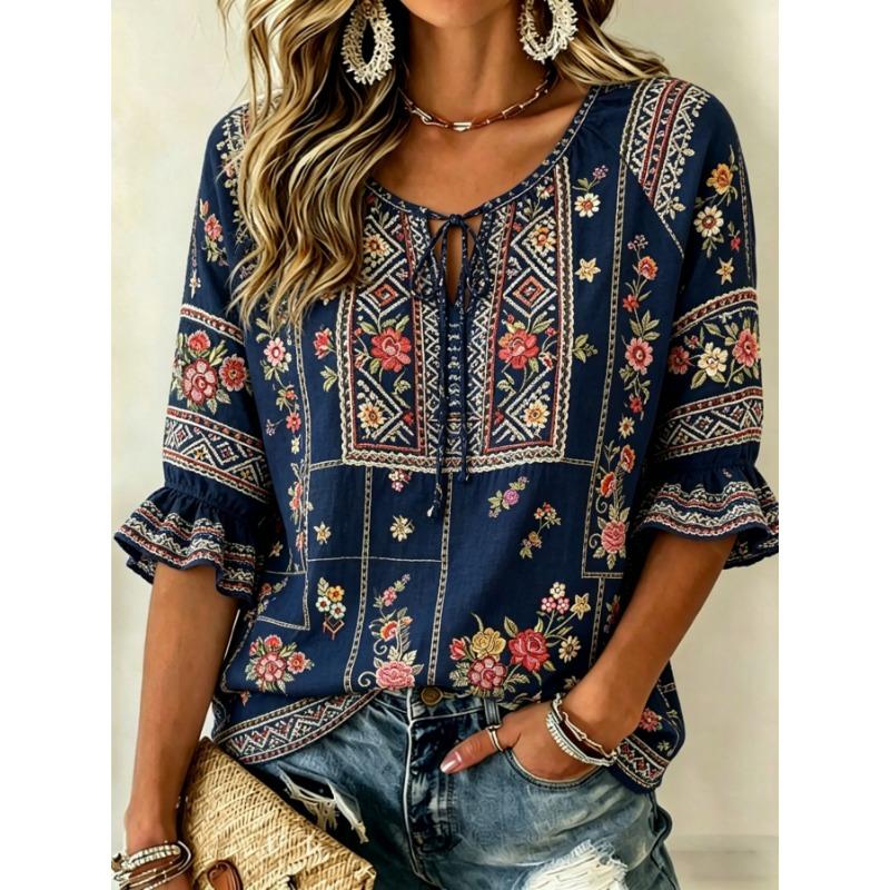 Women's Rust Red Botanical Print Tie Neck Blouse, Casual Loose Tops for Spring Summer Daily Wear & Vacation Occasions