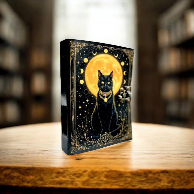Mystic Black Cat Moon Journal | Gothic Grimoire Diary | Witchy Spell Book | Handmade Lock Journal