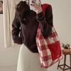 Fashionable Women's Shopping Bag Plaid Printed Plush Patchwork Bag Plush Shoulder Bag  Girls
