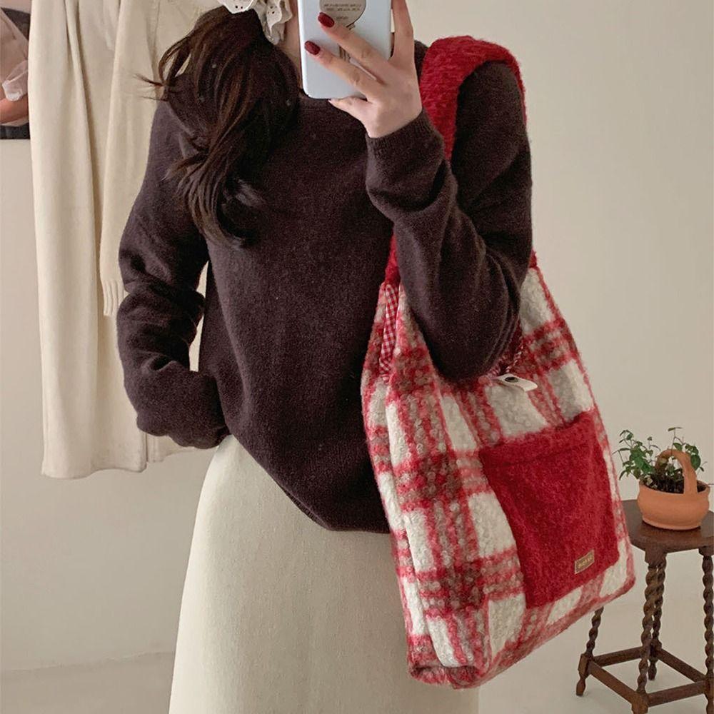 Fashionable Women's Shopping Bag Plaid Printed Plush Patchwork Bag Plush Shoulder Bag Girls