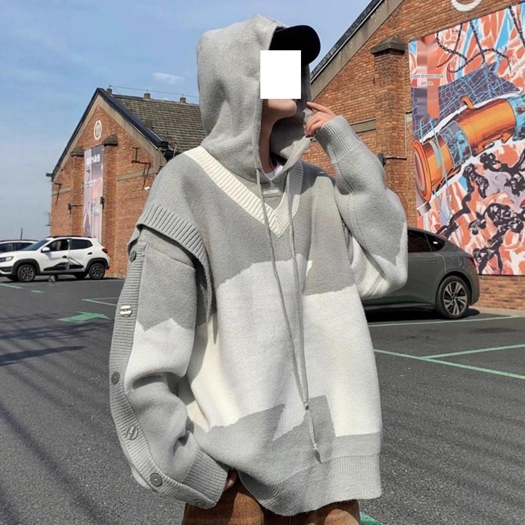 Men's Black & White Patchwork Knitted Sweatshirt, Autumn/Winter, Oversized Hooded Jacket, High-End Casual Style.