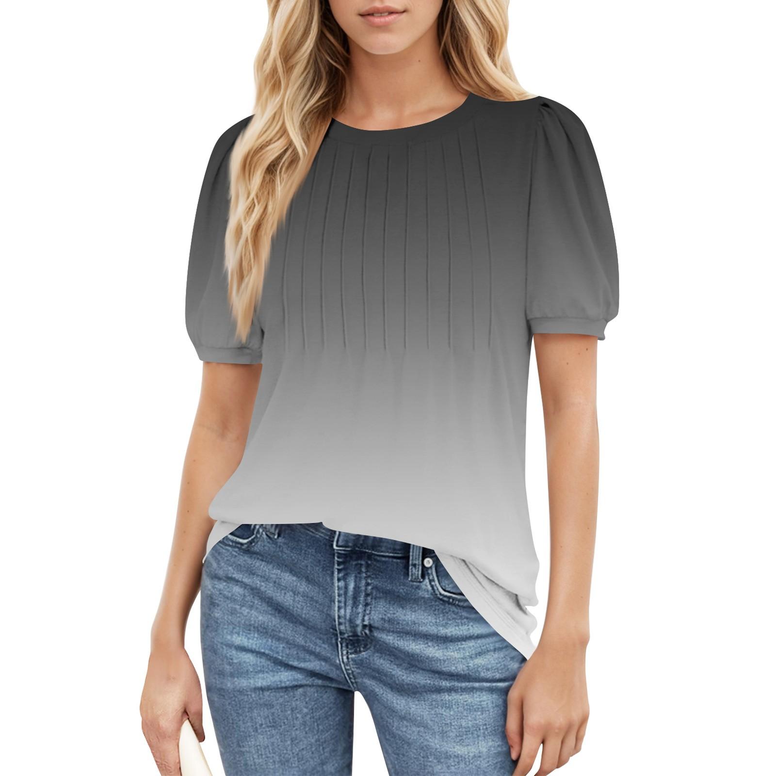 

Women s Casual Round Neck Short Sleeve Chest Pleated Flared Sleeve Floral Top L