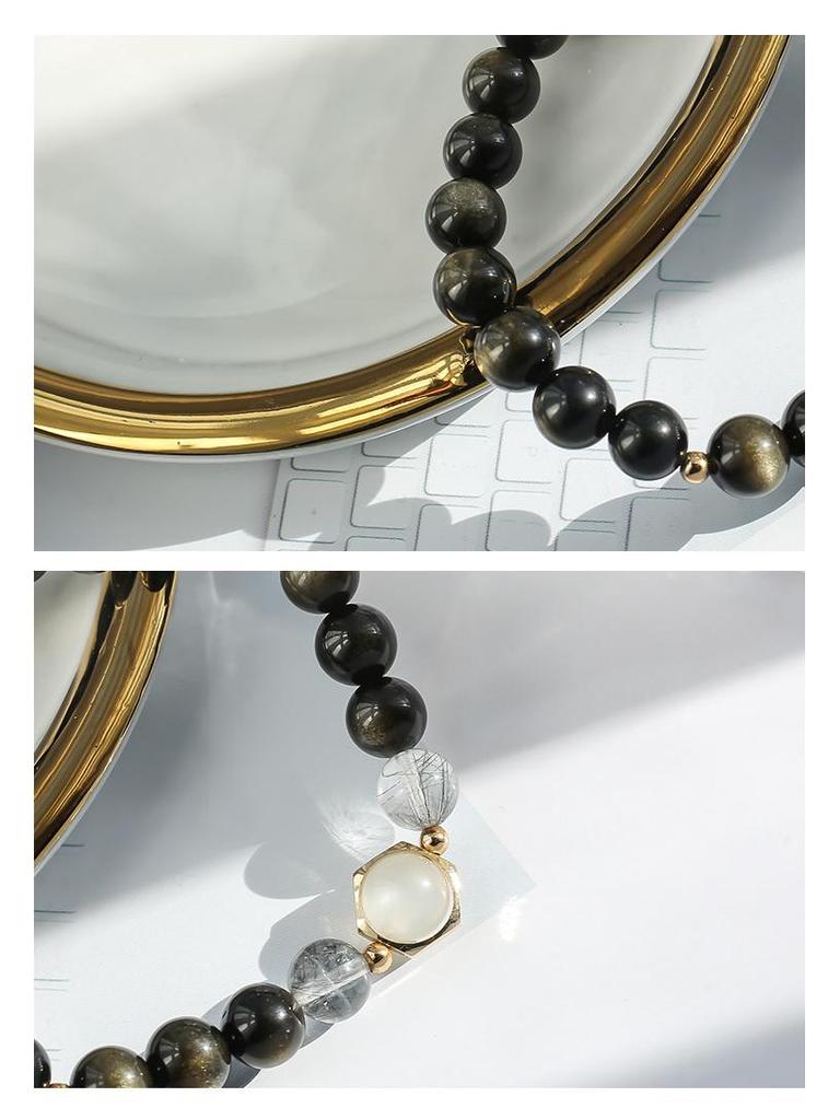 Brățări de cuplu din obsidian cristal natural: Pereche Lucrată Manual de Cuarț Rutilat Negru și Piatră Lunii