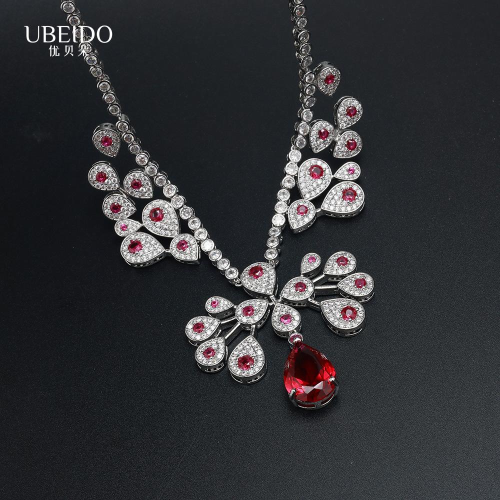 Luxury Red Zircon Necklace Earring Set for Women Elegant Water Drop Design Crystal Jewelry Party Wedding Evening Accessories