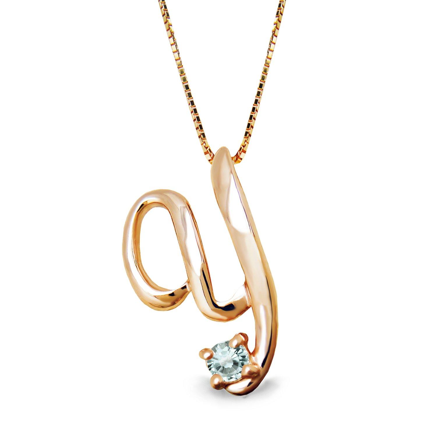 

Miwahouseki Initial Y Alphabet Necklace in Pink Gold with Your Choice of Birthstone (March Aquamarine)