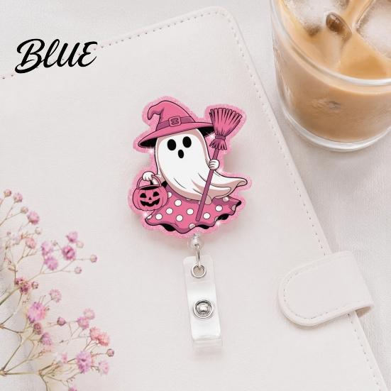 Clear Acrylic Retractable Badge Reel Halloween Ghost Reel Glitter Holder Clip Cute Pink Starlight ID Name for Women Nurse Teacher Medical