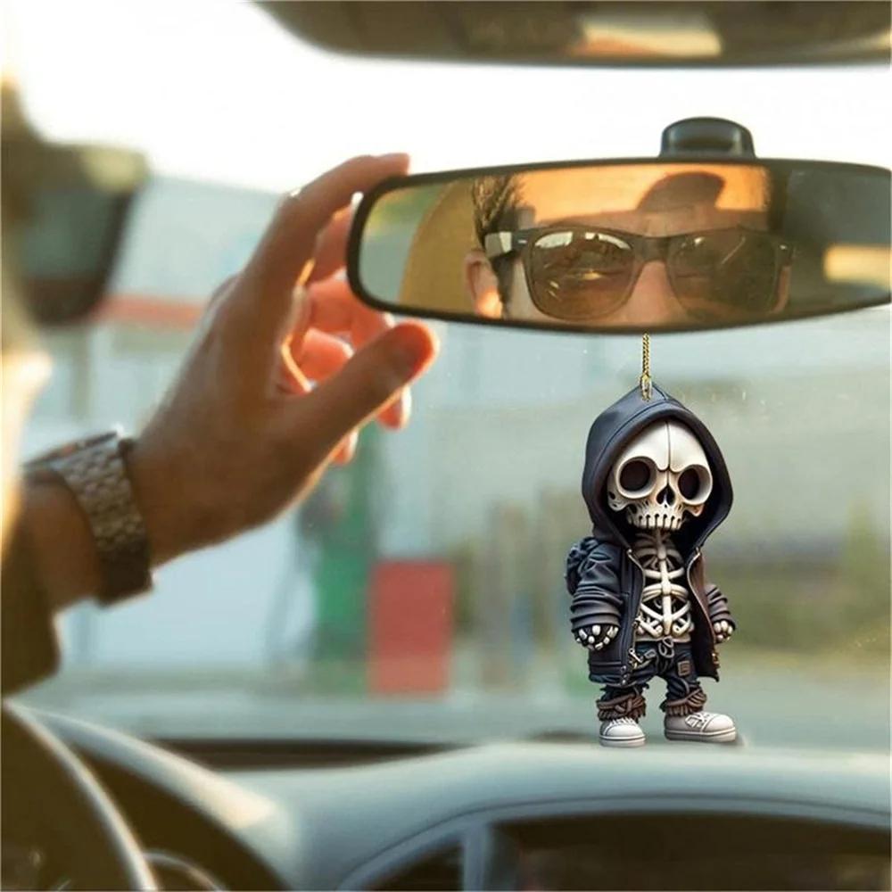 Car Ornament Acrylic Skeleton Figurines Car Rear View Mirror Swing Pendant Halloween Car Interior Decoration Accessories